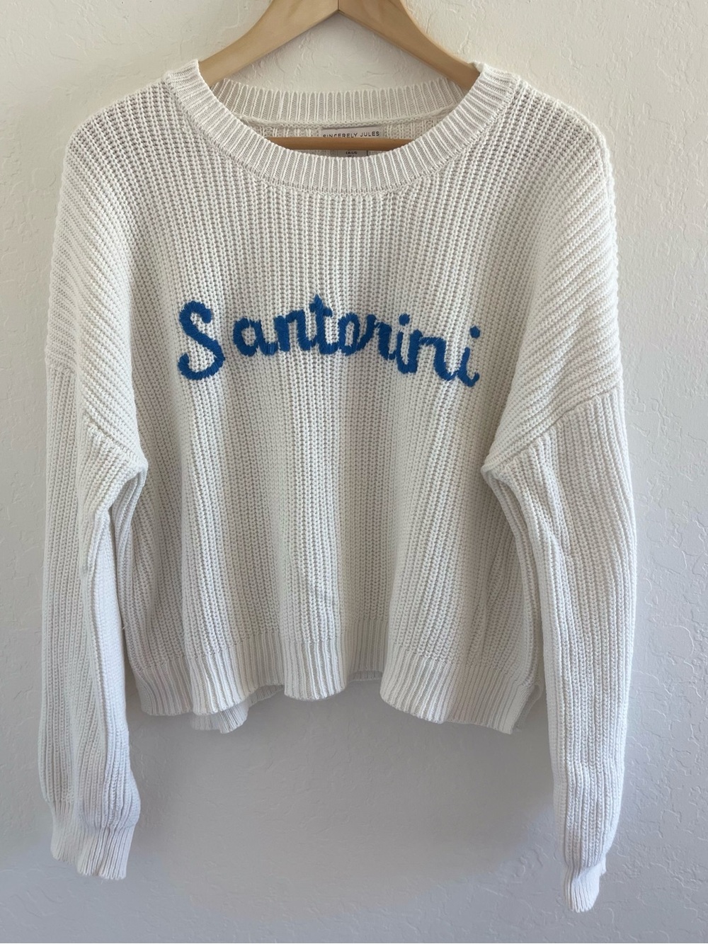 White 100% Cotton Sweater with Blue Santorini, Size Large, Sincerely Jules